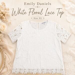 Emily Daniels White Floral Crochet Lace Lined Scallop Hem Top XL